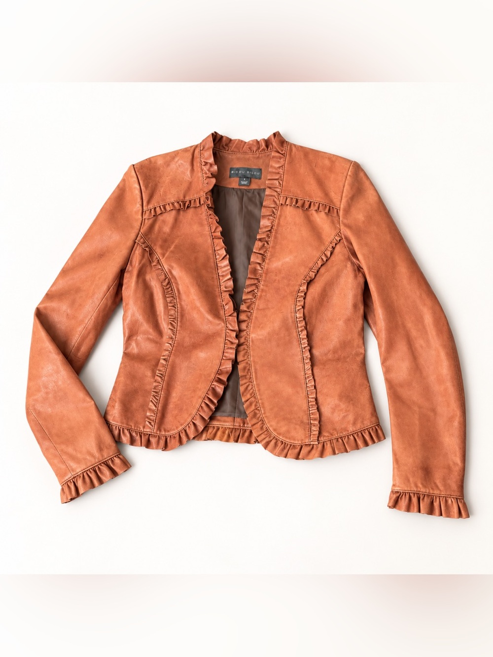 Bagatelle Genuine Leather Ruffle Jacket Size 6 Cognac Boho Western Y2K